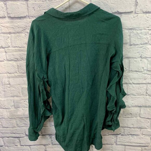 Umgee Shirt Womens Small Green Oversized Tunic Button Down Ruffle Open Sleeve - Picture 3 of 5